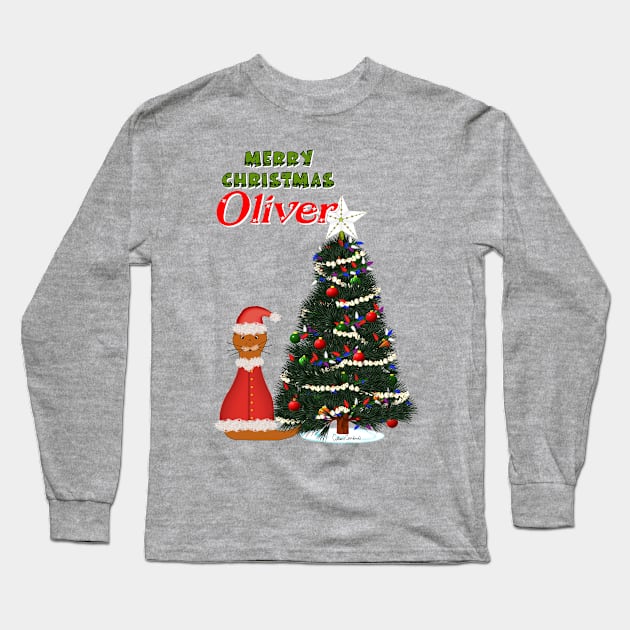 Oliver Dressed as Santa by His Christmas Tree Long Sleeve T-Shirt by ButterflyInTheAttic